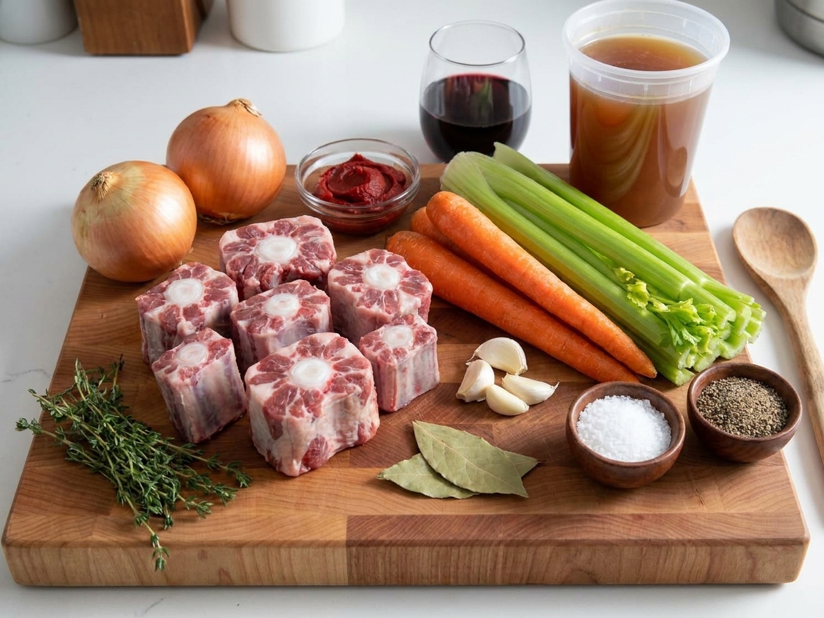 Raw oxtail pieces, onions, carrots, celery, garlic, tomato paste, red wine, beef broth, thyme, and bay leaves laid out on a clean kitchen counter with small bowls of salt and pepper
