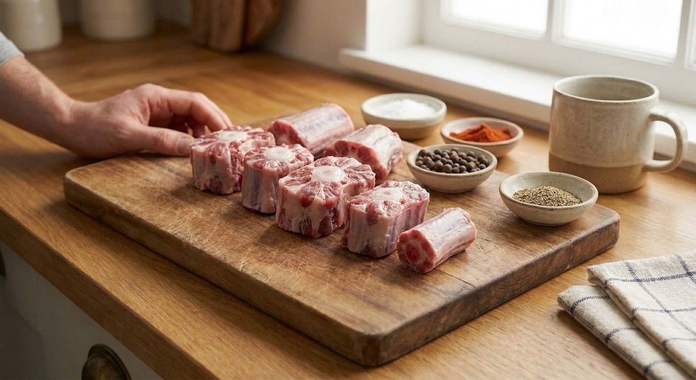 Raw oxtail pieces patted dry and arranged on a cutting board with small bowls of spices nearby on a kitchen counter