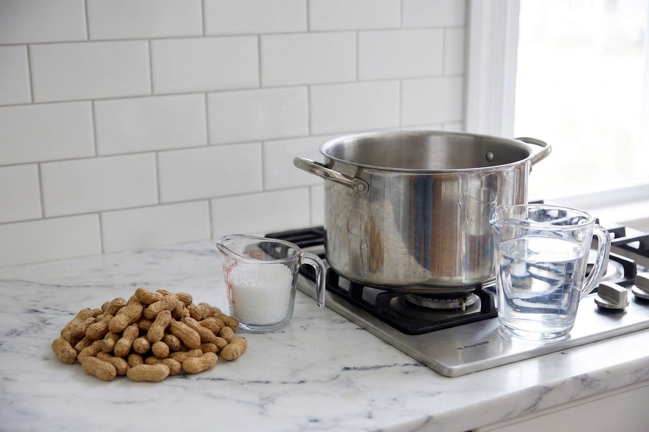 Raw peanuts, kosher salt, and water measured out on a kitchen counter beside a large pot