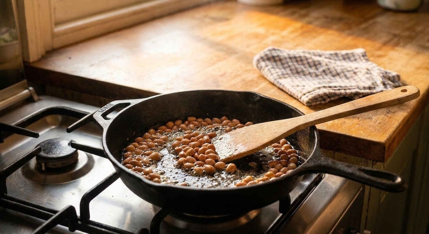 Raw peanuts toasting in hot oil in a skillet, turning slightly darker as they cook