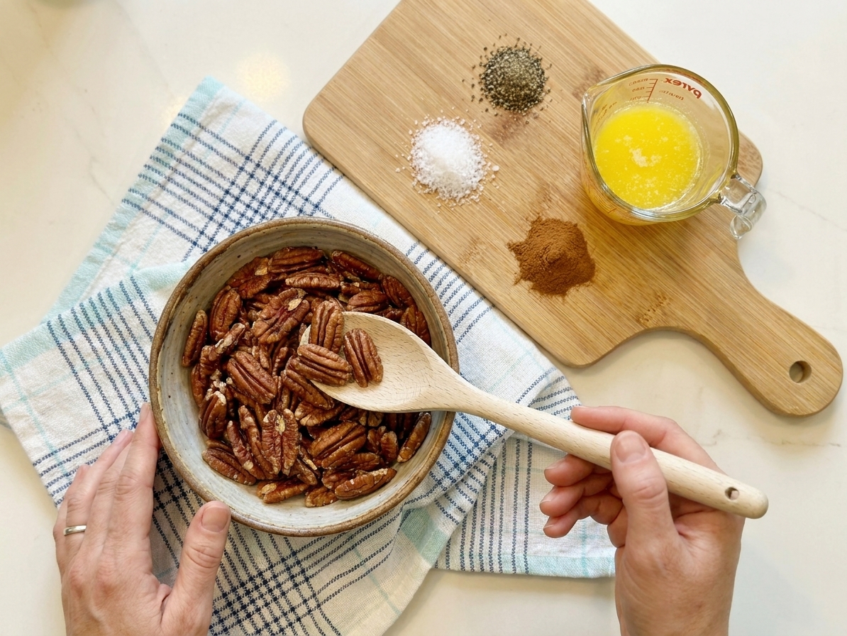 Raw pecans in a bowl with melted butter, salt, black pepper, and cinnamon measured nearby on a kitchen counter, ready to be tossed