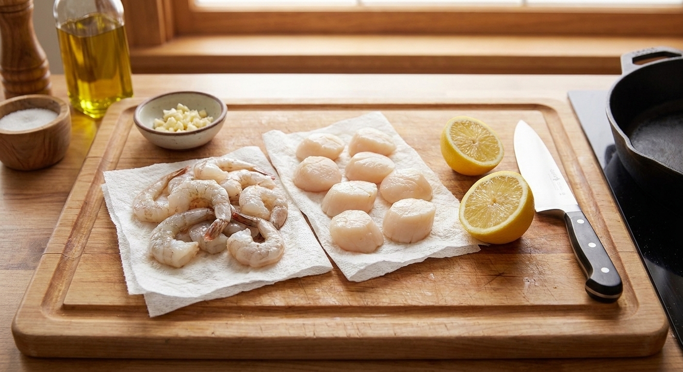 Raw peeled shrimp and sea scallops patted dry on a cutting board with paper towels, next to minced garlic and a halved lemon