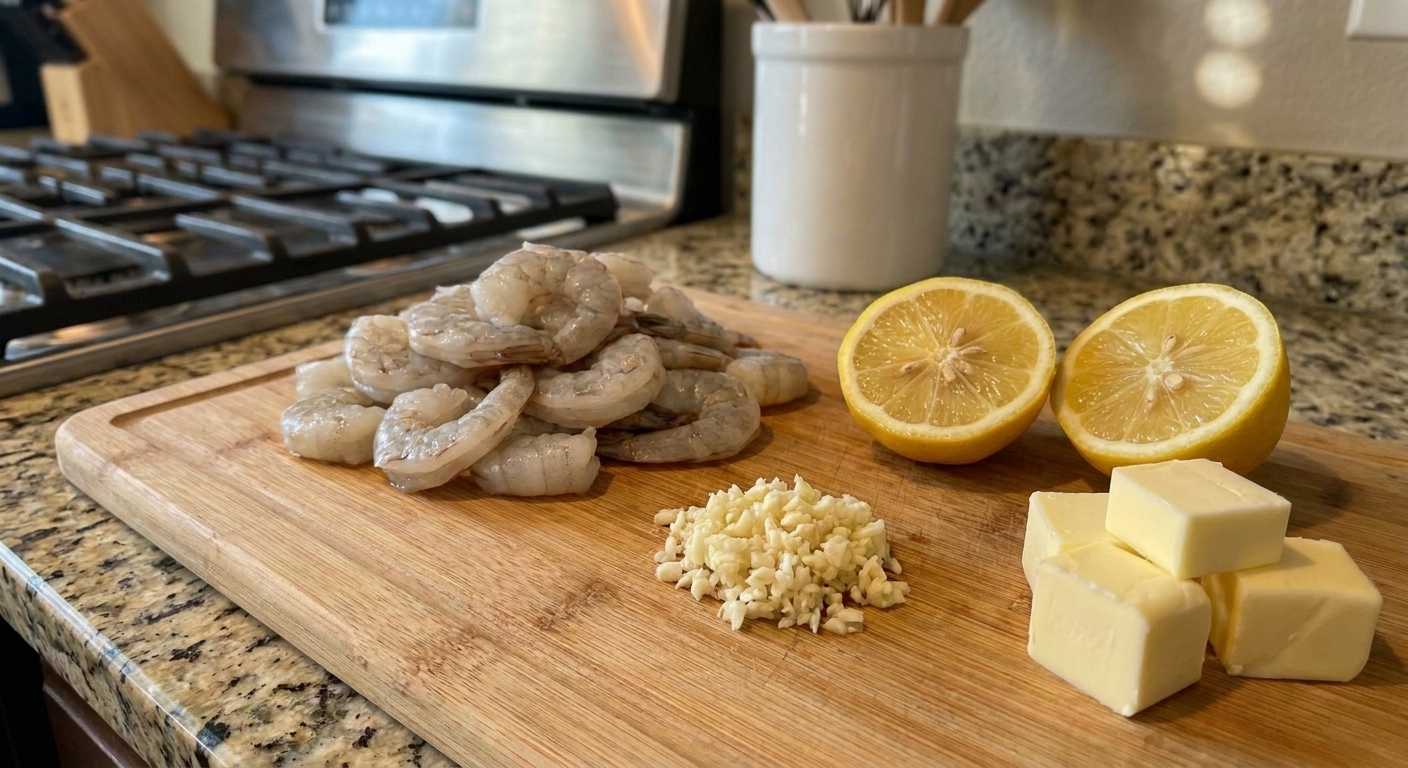 Raw peeled shrimp beside minced garlic, lemon halves, and cubes of butter on a cutting board on a kitchen counter