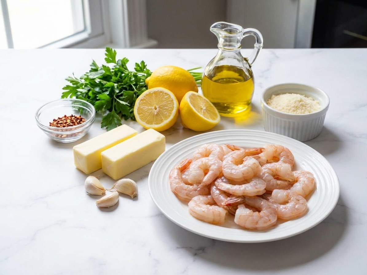 Raw peeled shrimp, butter, garlic cloves, lemons, parsley, red pepper flakes, olive oil, and a small bowl of grated Parmesan arranged on a clean kitchen counter