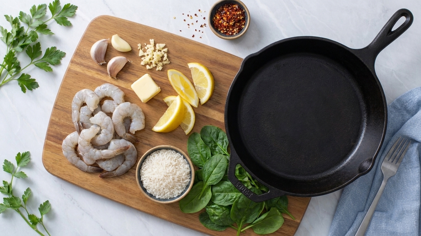 Raw peeled shrimp, butter, garlic, lemon, rice, and spinach arranged on a cutting board next to a skillet on a home kitchen counter
