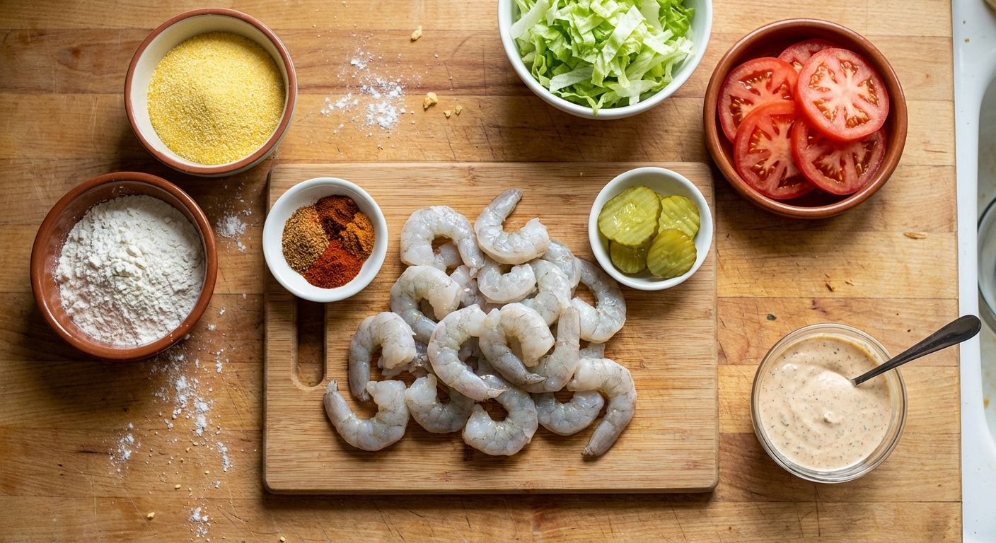 Raw peeled shrimp, cornmeal, flour, spices, shredded lettuce, sliced tomato, pickles, and a bowl of remoulade arranged on a kitchen countertop, overhead real food photography