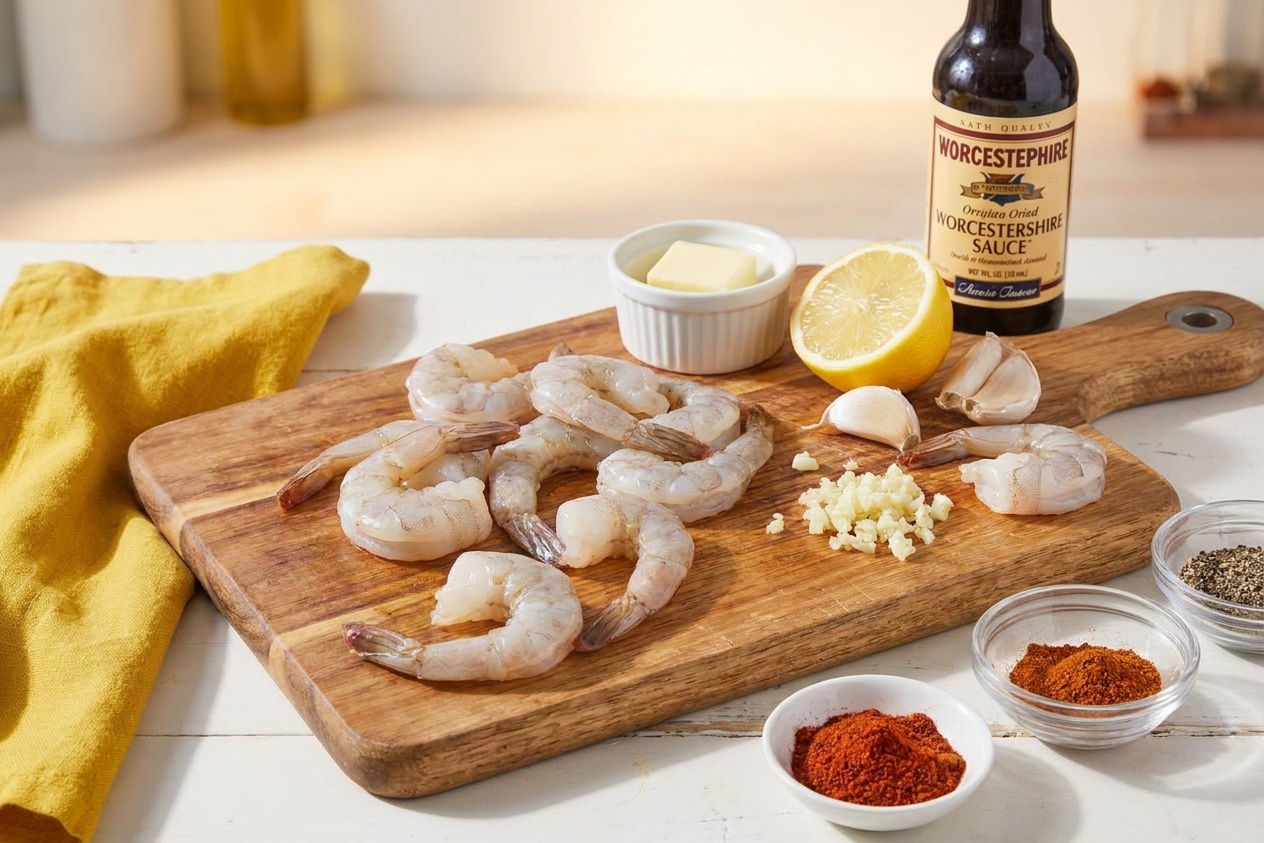Raw peeled shrimp, garlic cloves, lemon, butter, Worcestershire sauce, and spices arranged on a wooden cutting board on a kitchen counter