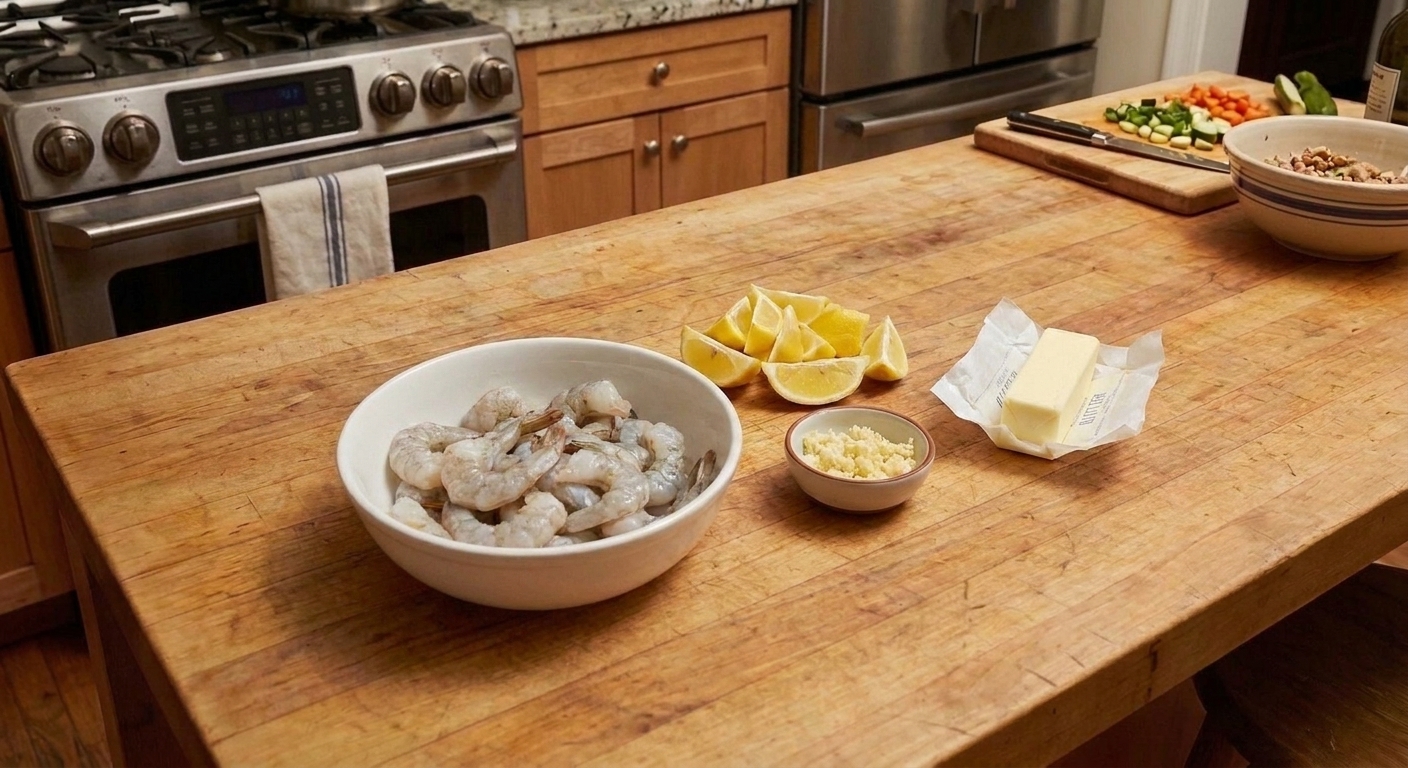 Raw peeled shrimp in a bowl beside lemon wedges, minced garlic, and a stick of butter on a kitchen counter