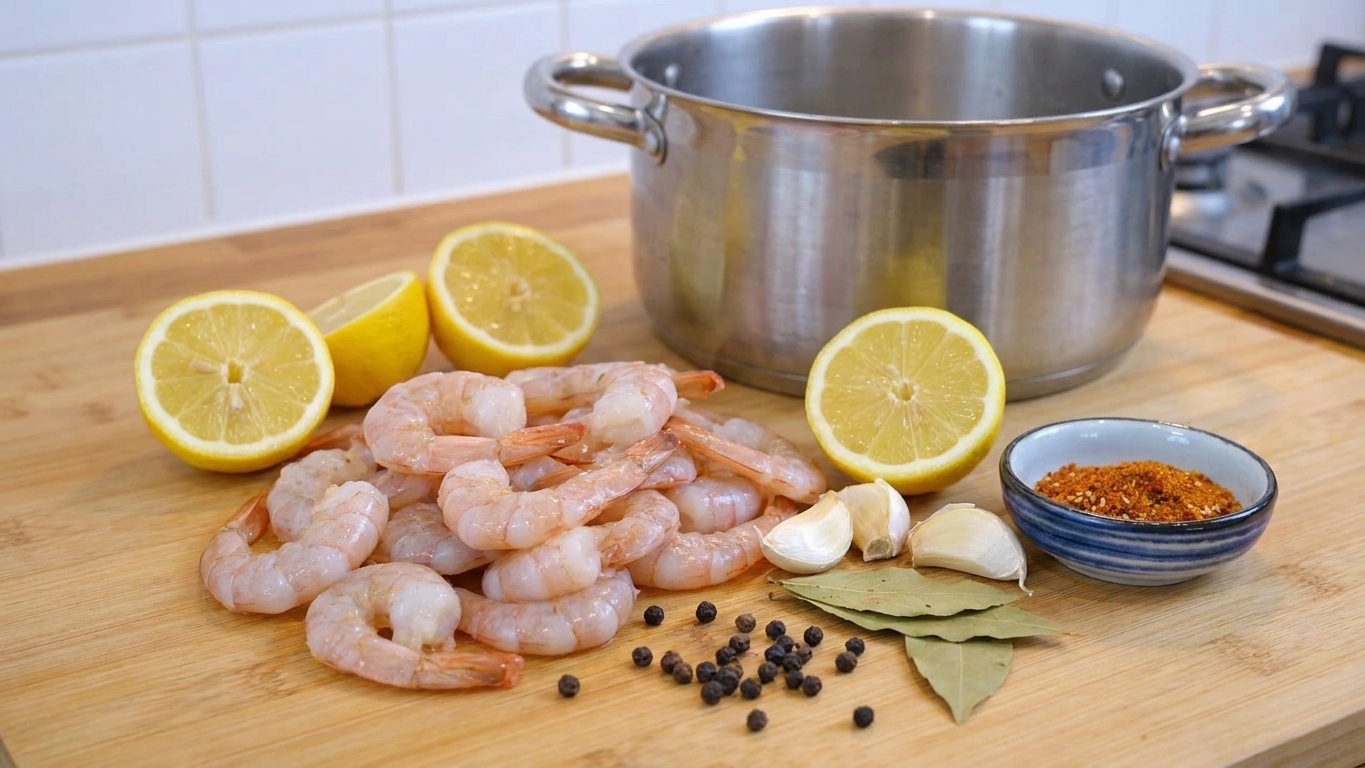Raw peeled shrimp, lemon halves, garlic cloves, bay leaves, peppercorns, and Old Bay on a light kitchen counter with a large pot nearby
