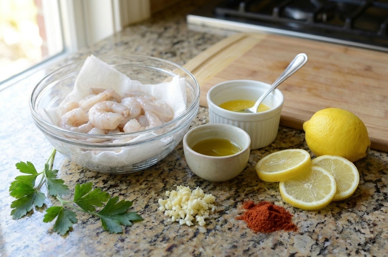 Raw peeled shrimp, minced garlic, lemon, butter, paprika, and parsley arranged on a tidy kitchen counter with a small bowl of olive oil