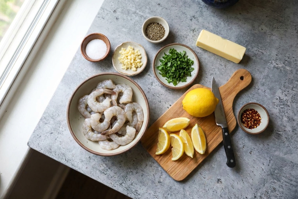Raw peeled shrimp, minced garlic, lemon, butter, parsley, and seasonings arranged on a kitchen counter ready for cooking