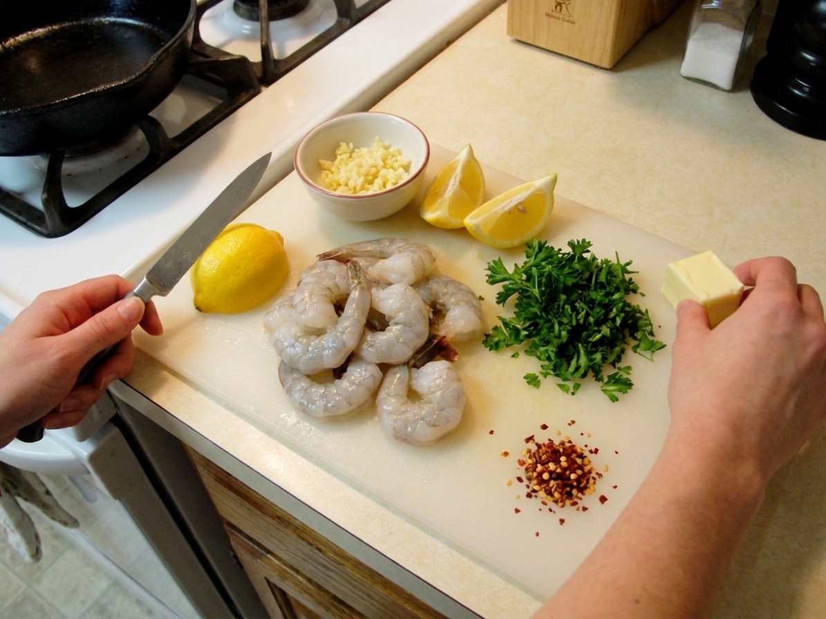 Raw peeled shrimp, minced garlic, lemon, parsley, butter, and red pepper flakes arranged on a light kitchen counter