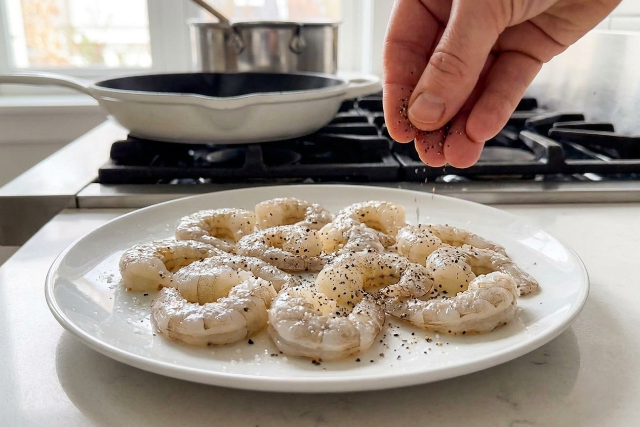 Raw peeled shrimp on a plate, patted dry and sprinkled with salt and black pepper on a kitchen counter