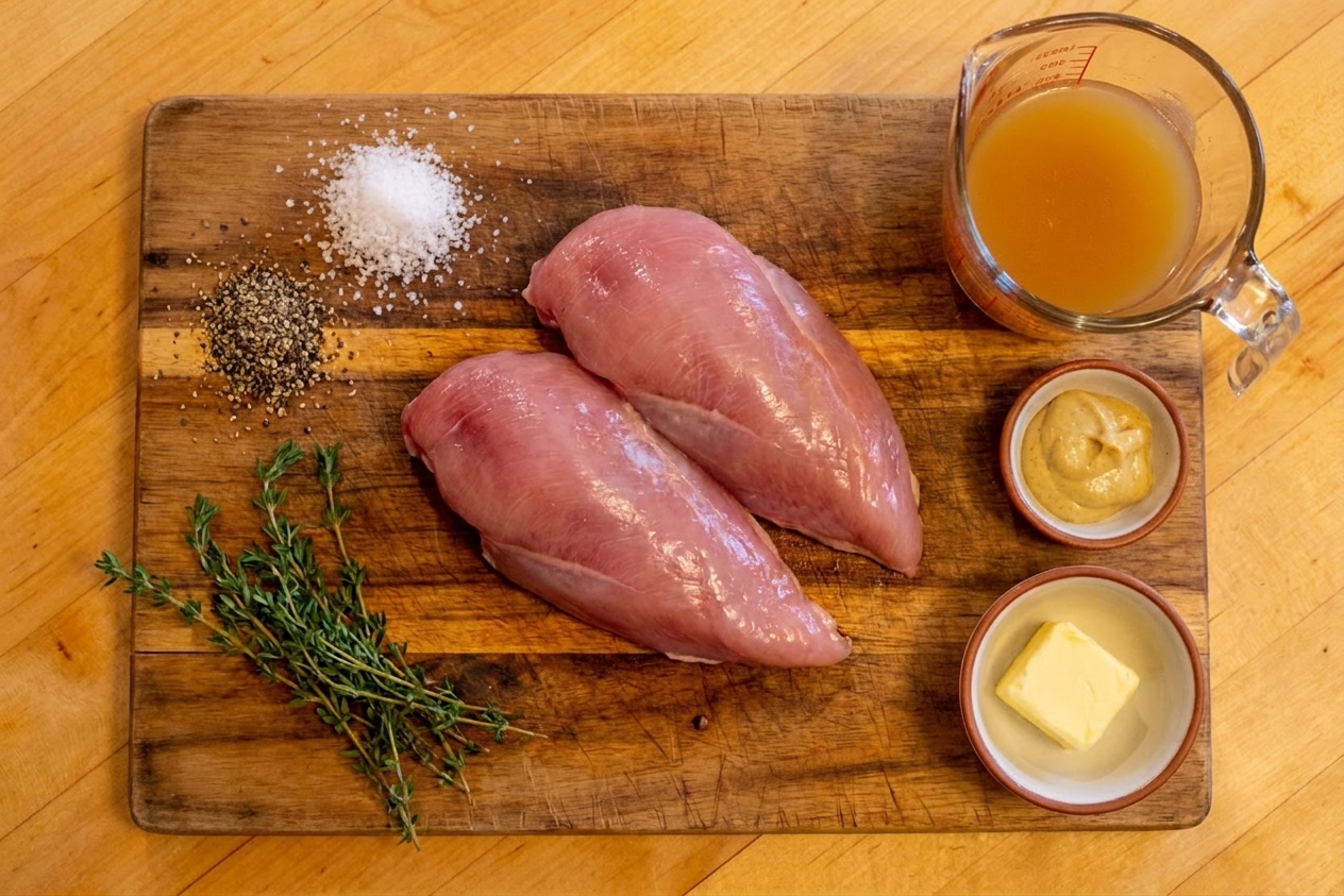 Raw pheasant breasts on a wooden cutting board with kosher salt, black pepper, thyme, Dijon mustard, apple cider, and a small bowl of butter on a kitchen counter