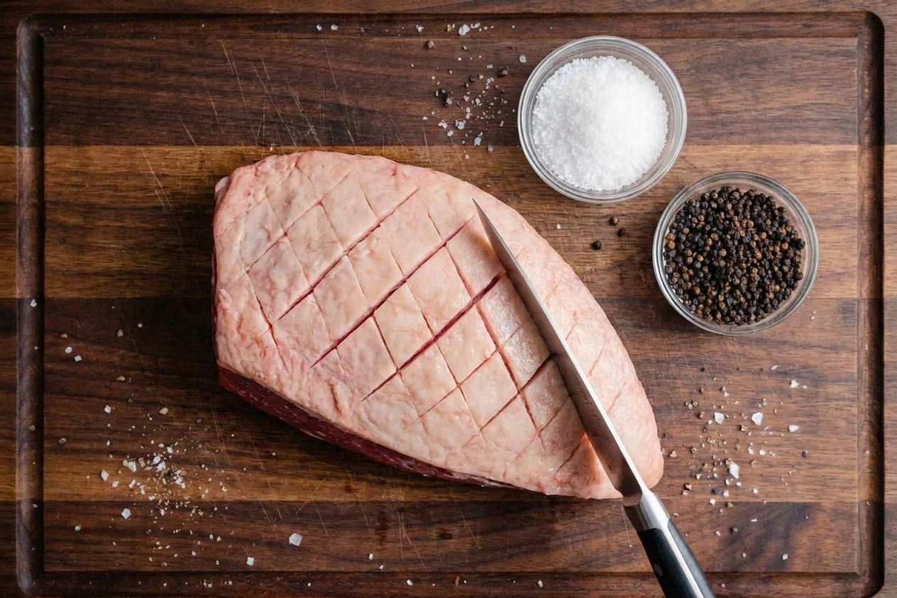 Raw picanha on a cutting board with the fat cap scored in a shallow crosshatch pattern