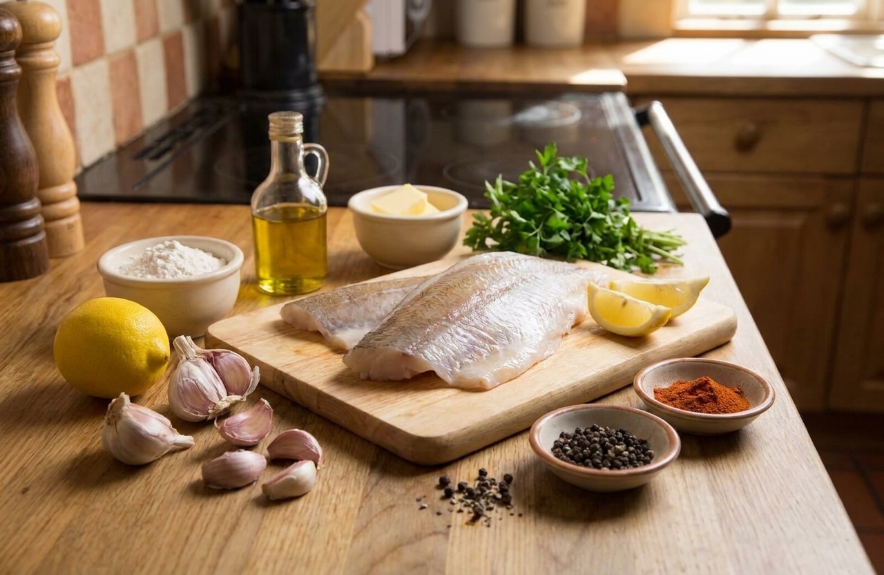 Raw pollock fillets, lemon, garlic, parsley, butter, olive oil, flour, salt, pepper, and paprika arranged on a clean kitchen counter in warm natural light