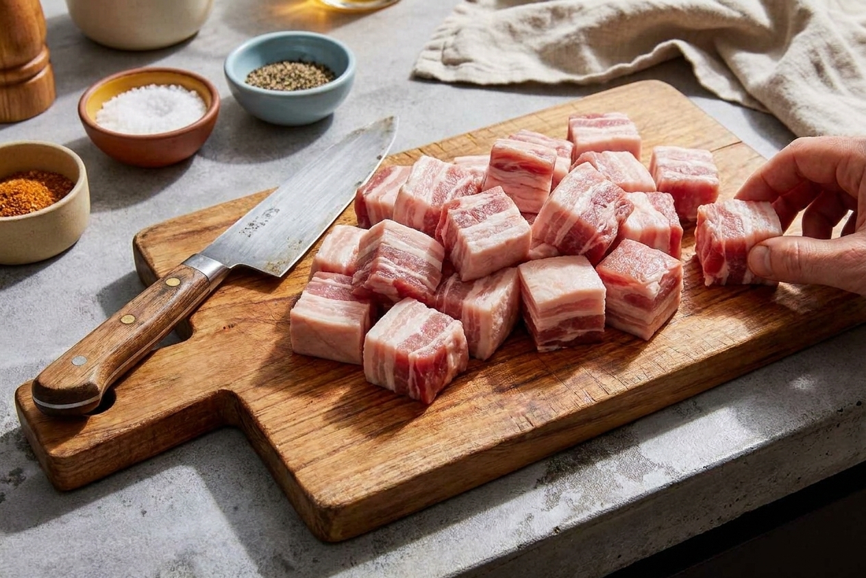 Raw pork belly cut into even cubes on a wooden cutting board with a chef knife nearby on a kitchen counter under warm lighting