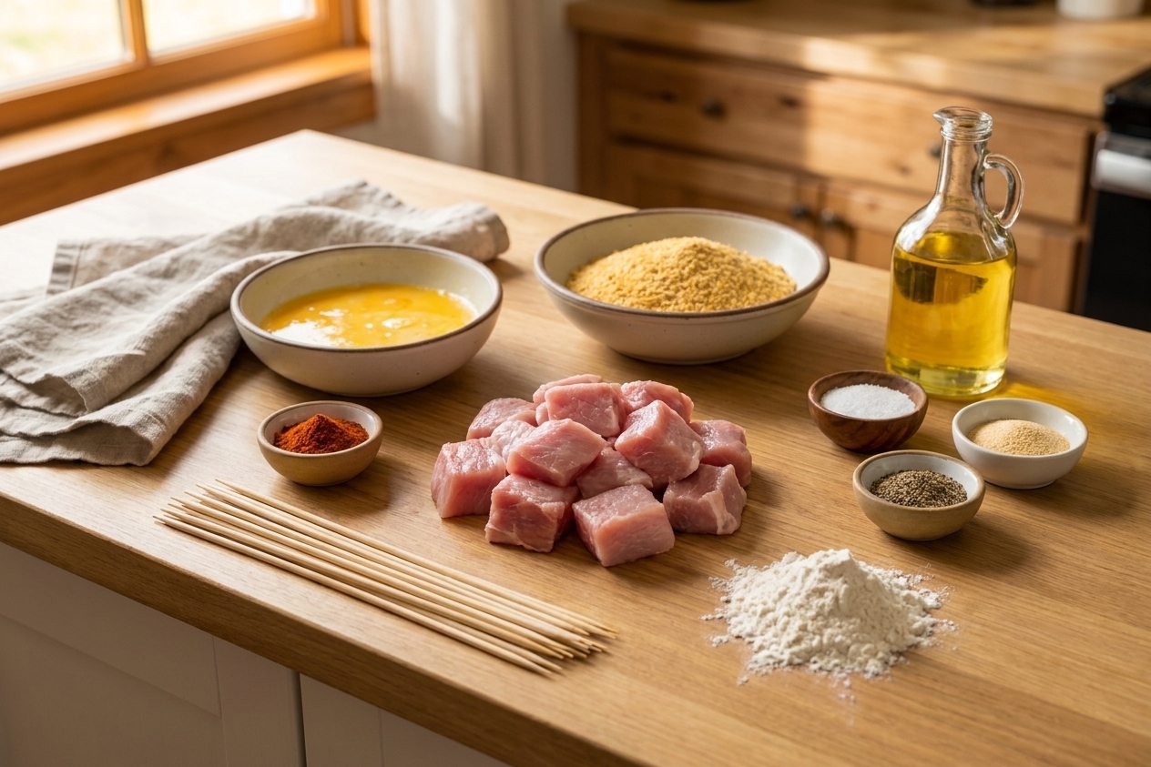 Raw pork cubes, wooden skewers, eggs, breadcrumbs, flour, spices, and oil arranged on a clean kitchen counter