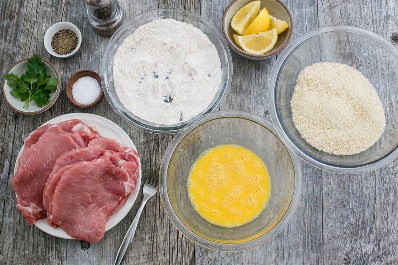 Raw pork cutlets, eggs, flour, breadcrumbs, lemons, parsley, and seasonings arranged on a wooden kitchen counter in natural light