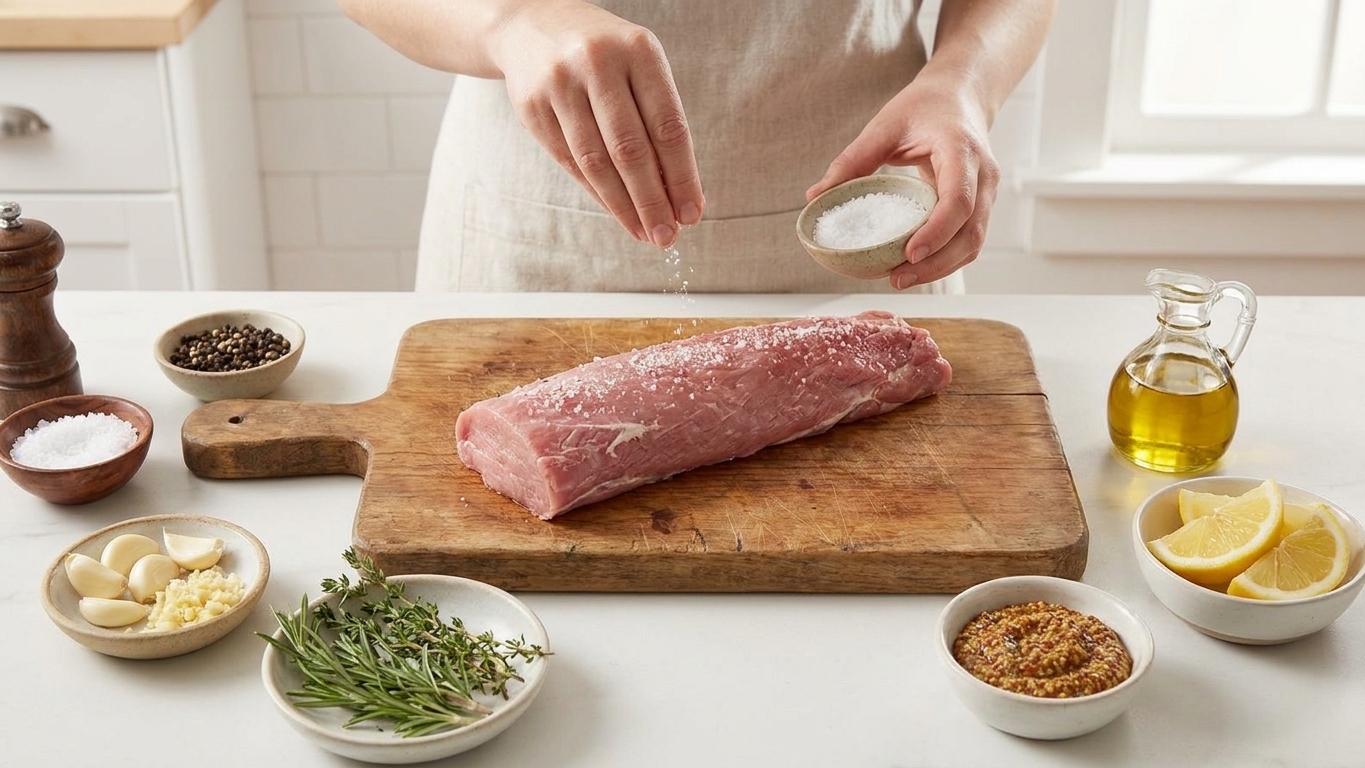 Raw pork fillet on a cutting board with small bowls of salt, pepper, garlic, herbs, lemon, mustard, and olive oil on a bright kitchen counter