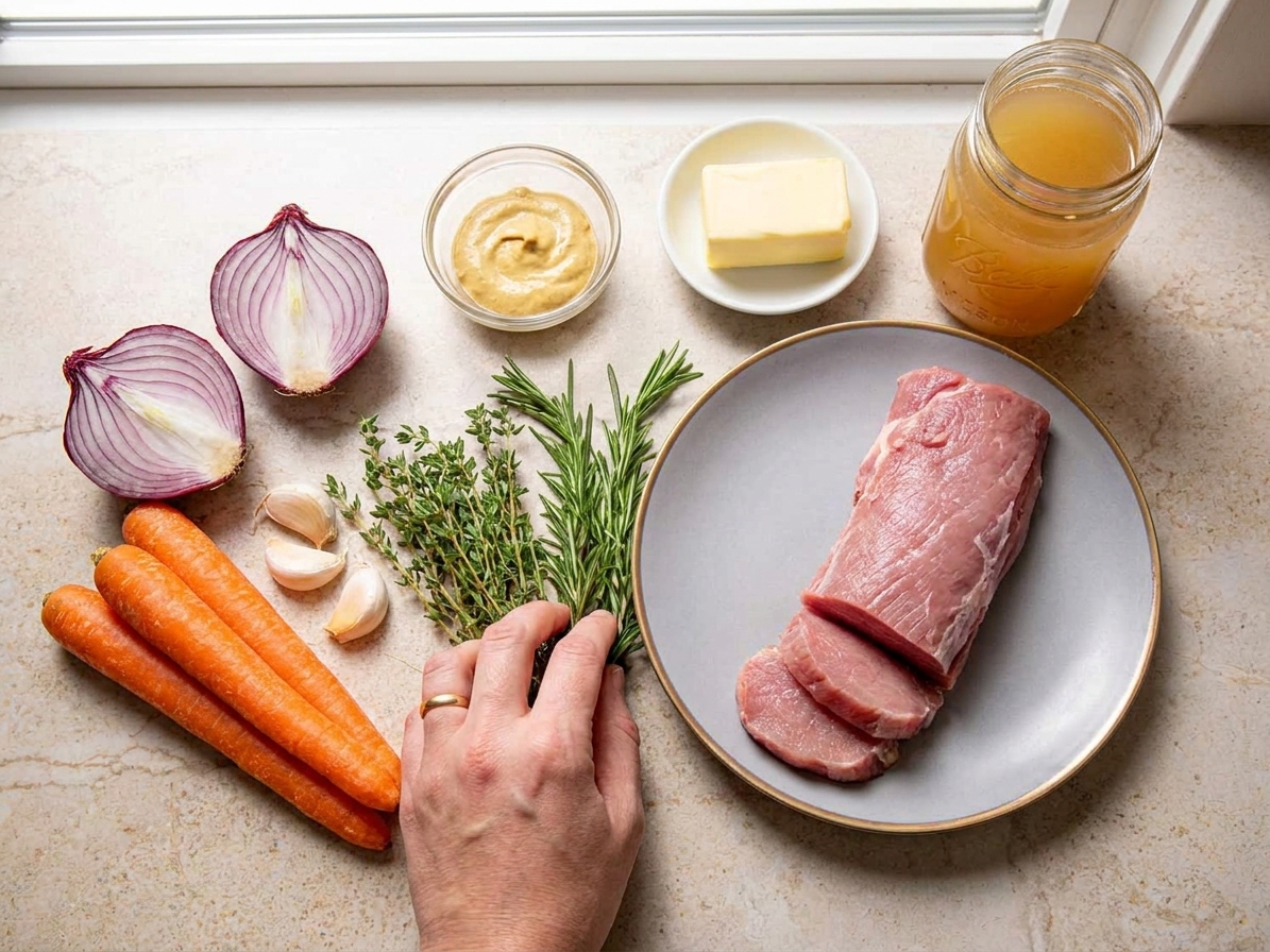 Raw pork fillet, onions, carrots, garlic, herbs, broth, mustard, and butter arranged on a light kitchen counter