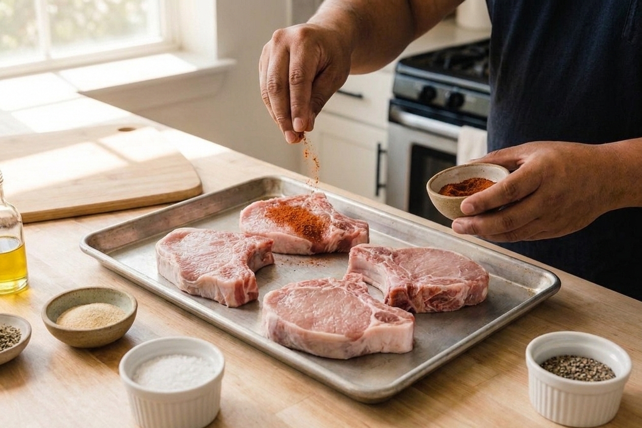 Raw pork loin chops arranged on a rimmed baking sheet with small bowls of paprika, garlic powder, salt, and pepper nearby on a light kitchen counter