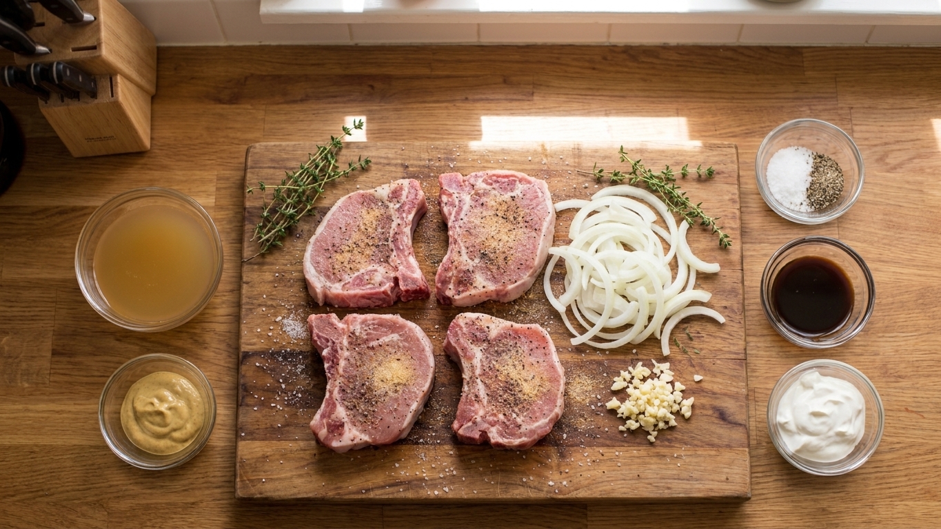 Raw pork loin chops, chicken broth, onion, garlic, thyme, Dijon mustard, Worcestershire sauce, and sour cream arranged on a light kitchen counter