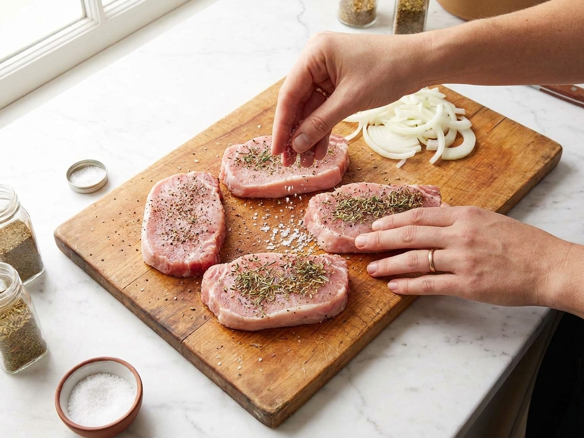 Raw pork loin chops on a cutting board being sprinkled with salt, pepper, and dried herbs, with sliced onions nearby