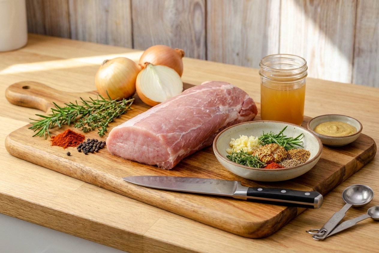 Raw pork loin on a cutting board surrounded by garlic, rosemary, thyme, paprika, onions, broth, and mustard on a bright kitchen counter