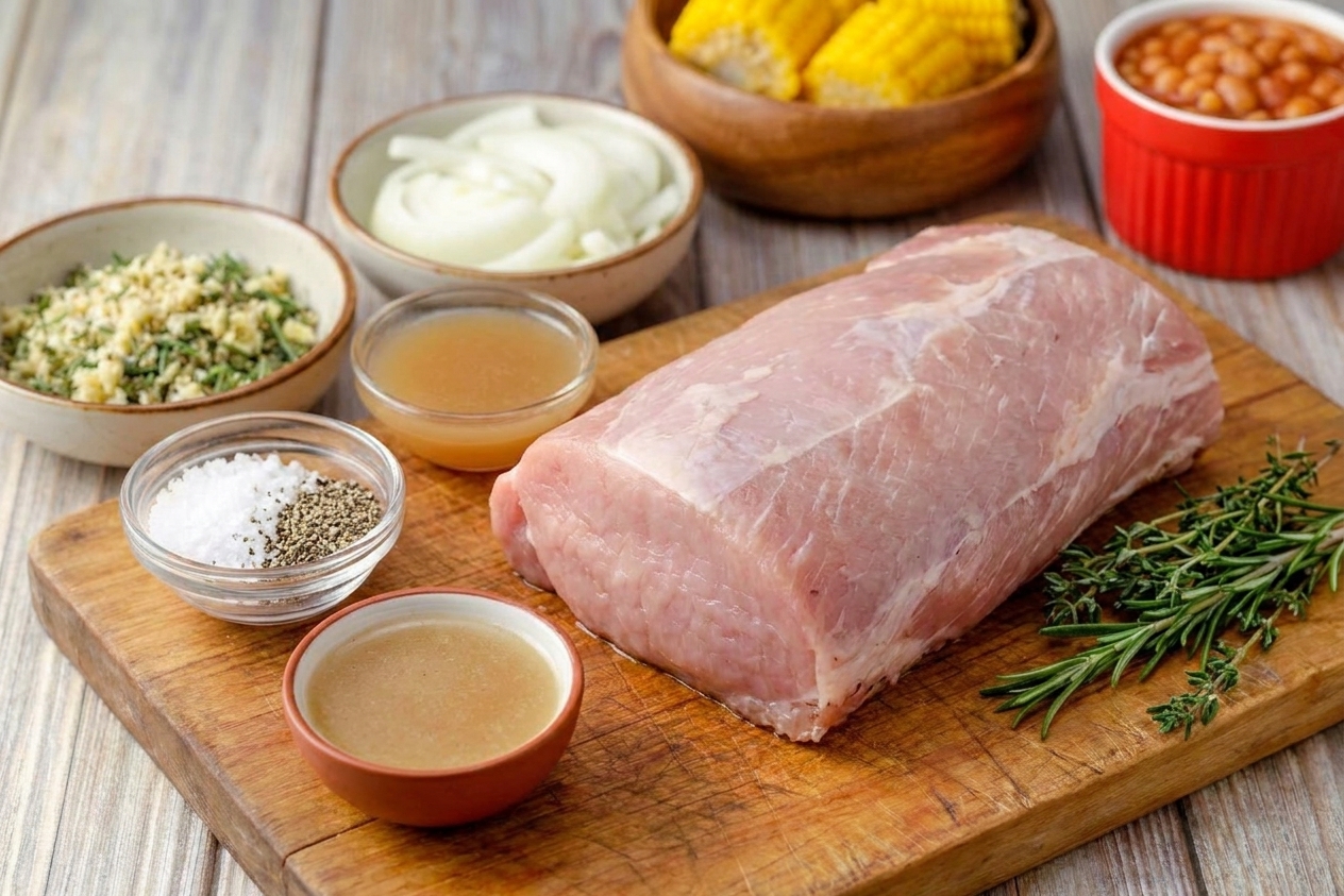 Raw pork loin on a cutting board with bowls of garlic, herbs, salt, pepper, broth, and sliced onions arranged on a kitchen counter