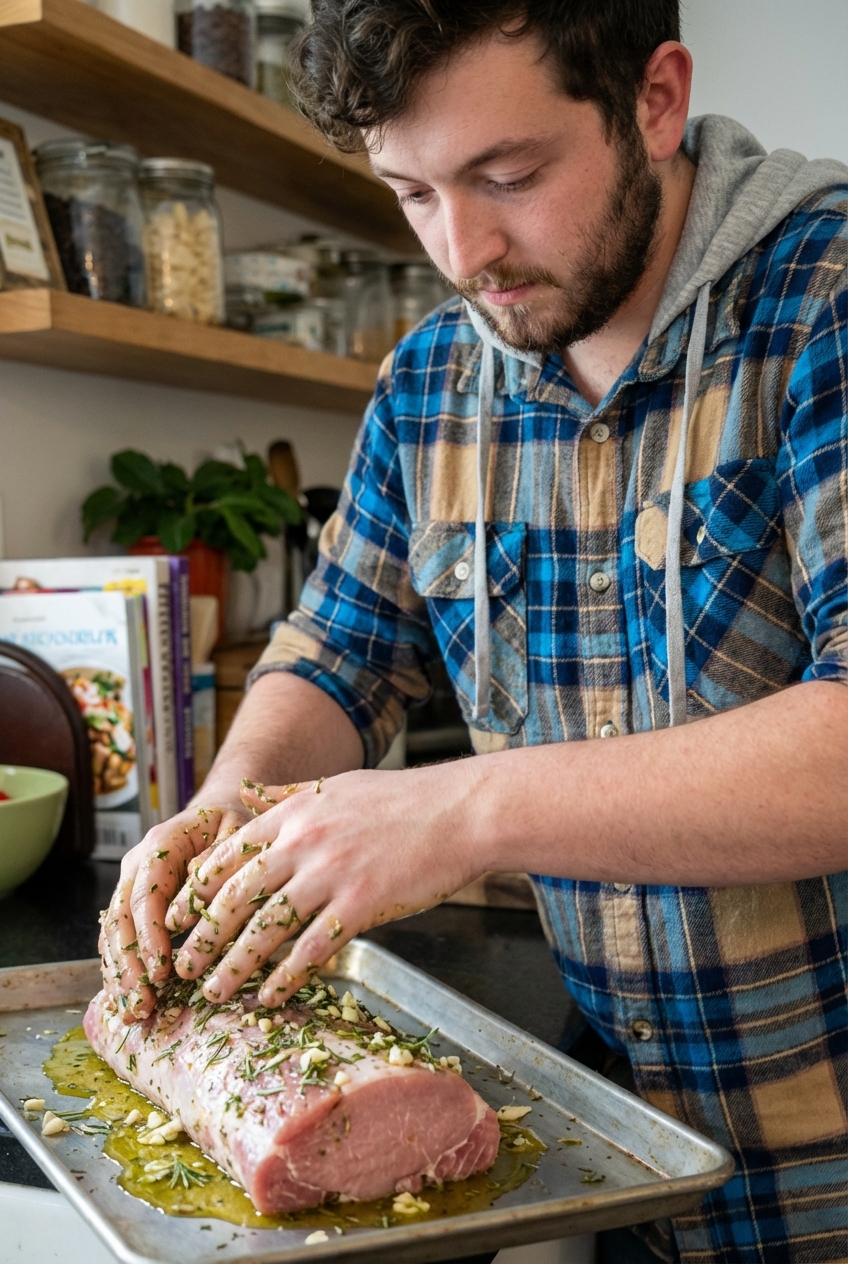 Raw pork loin on a sheet pan being rubbed with garlic, herbs, and olive oil