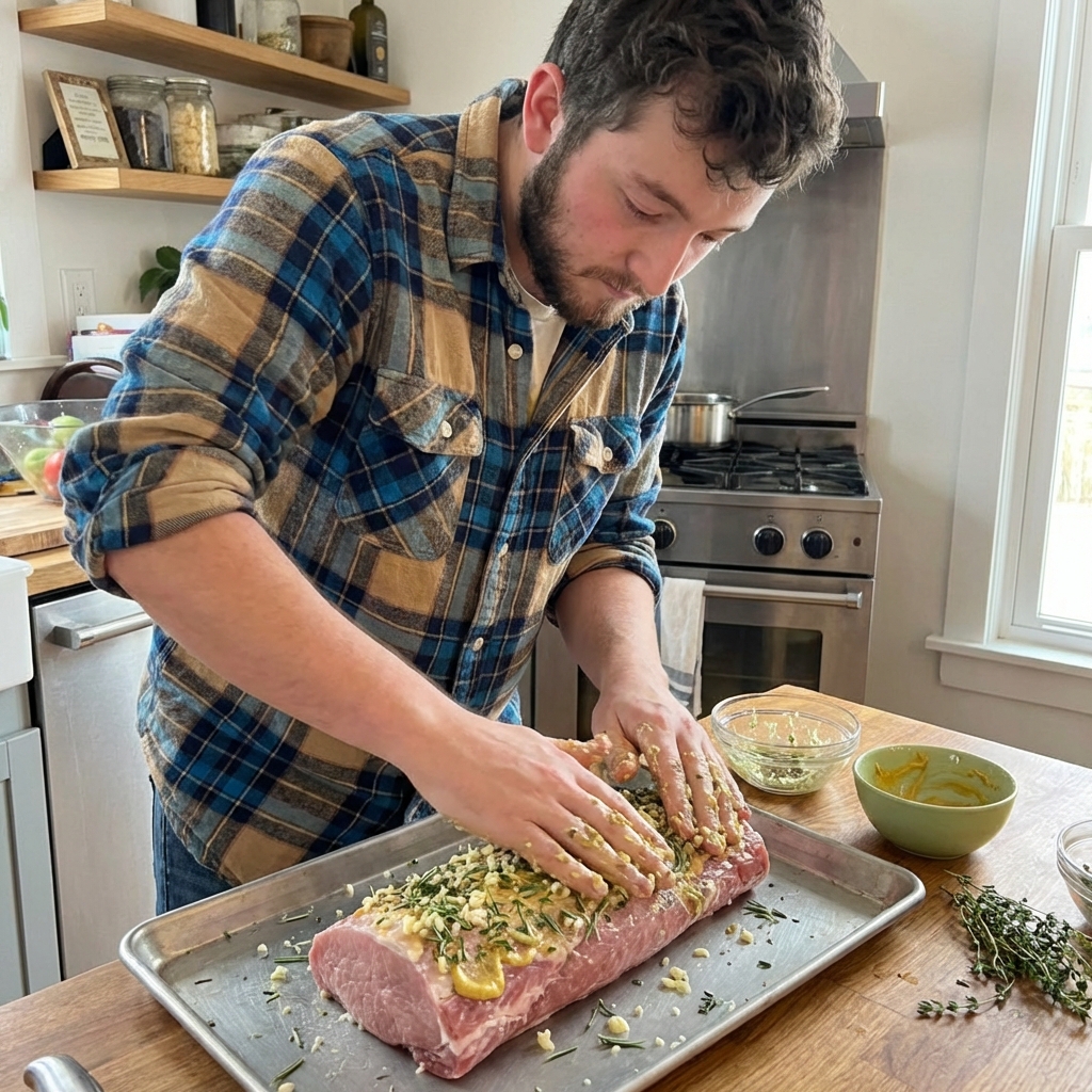 Raw pork loin on a sheet pan being rubbed with garlic, rosemary, thyme, and mustard