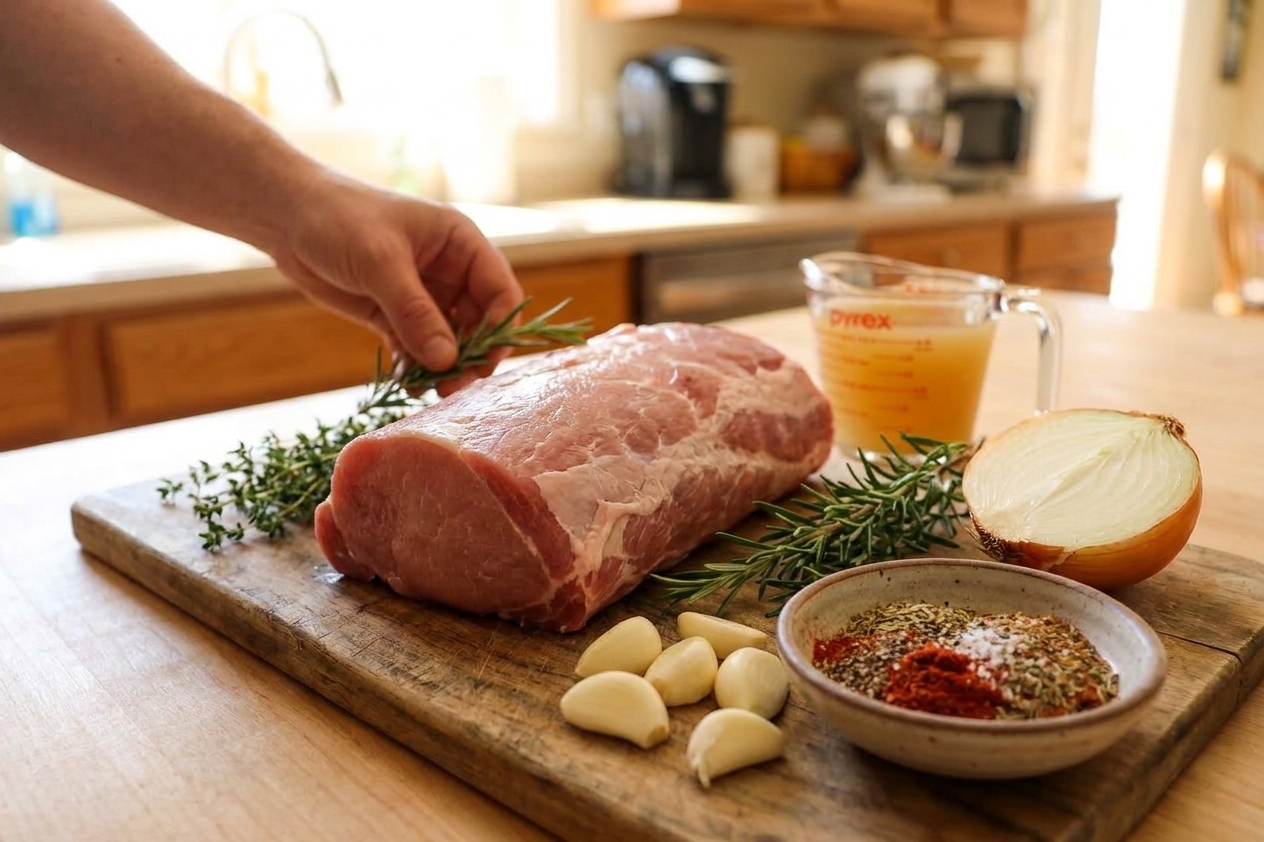 Raw pork loin roast surrounded by garlic, herbs, chicken broth, onion, and pantry spices on a bright kitchen counter