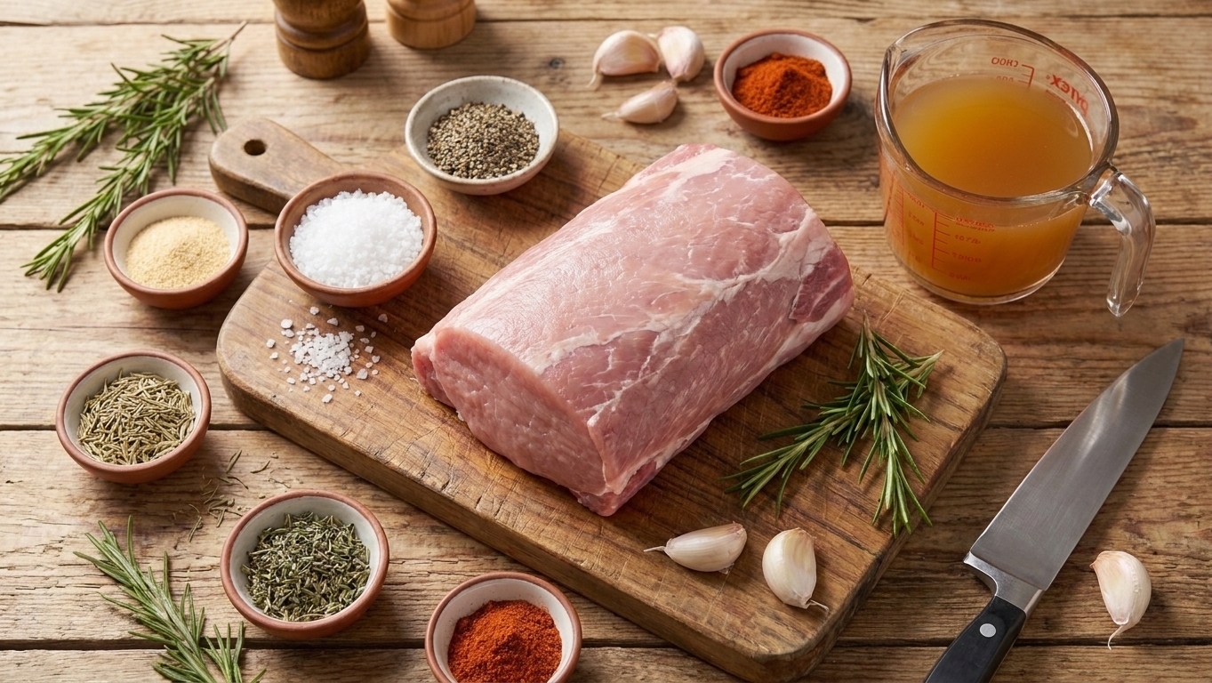 Raw pork loin roast with small bowls of seasonings and a measuring cup of broth