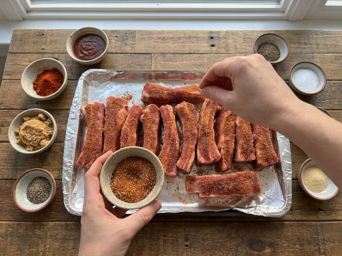 Raw pork riblets arranged on a rimmed baking sheet with small bowls of spices on a wooden counter, overhead view