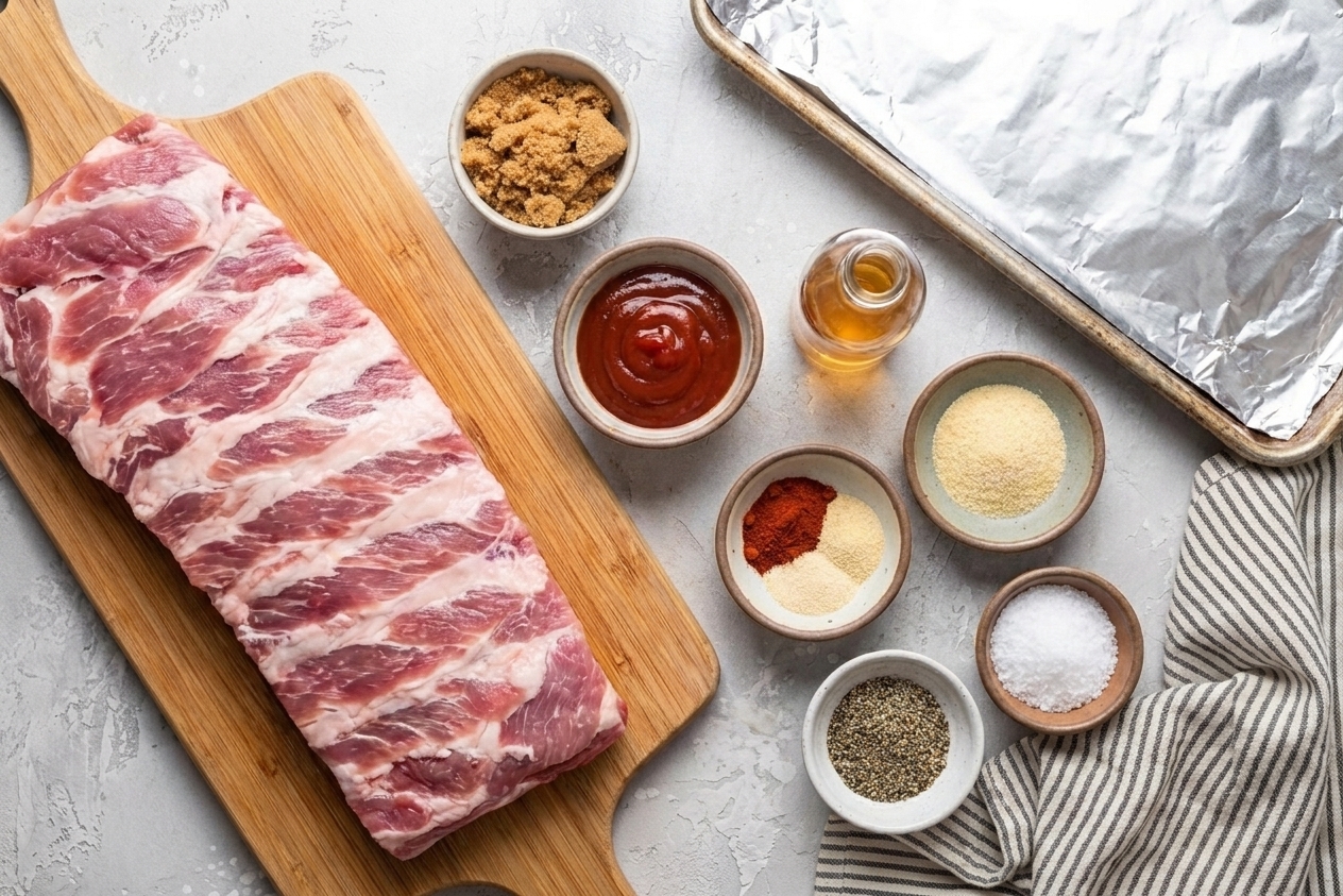 Raw pork ribs, brown sugar, ketchup, apple cider vinegar, spices, and a foil-lined sheet pan arranged on a bright kitchen counter