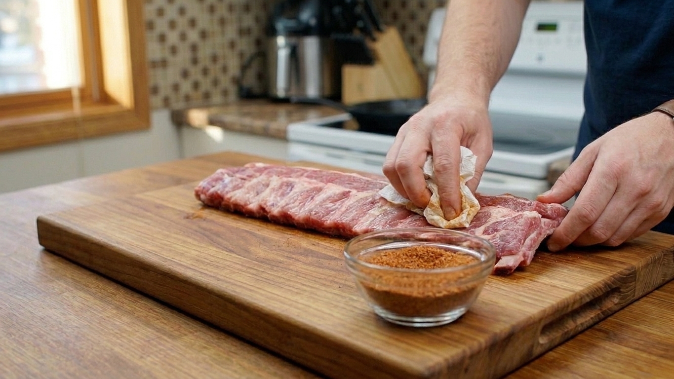 Raw pork ribs on a cutting board with paper towels and a small bowl of spice rub nearby
