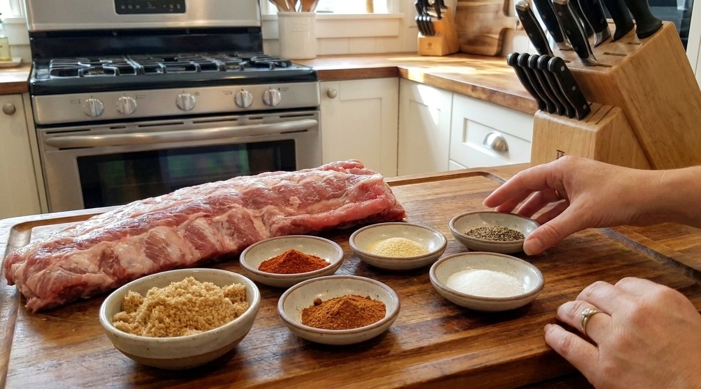 Raw pork ribs on a cutting board with small bowls of brown sugar, paprika, garlic powder, salt, and black pepper arranged on a kitchen counter