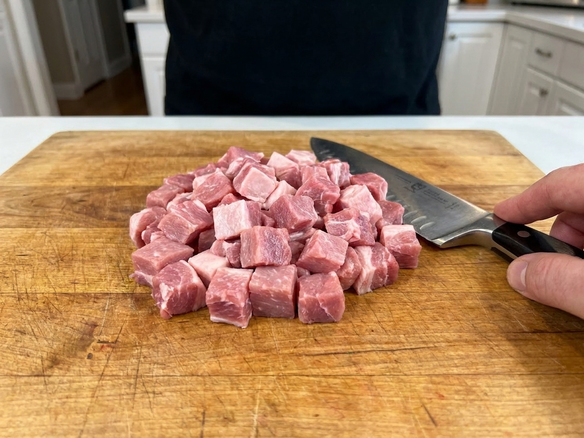 Raw pork shoulder cut into small uniform cubes on a wooden cutting board beside a chef's knife in a home kitchen