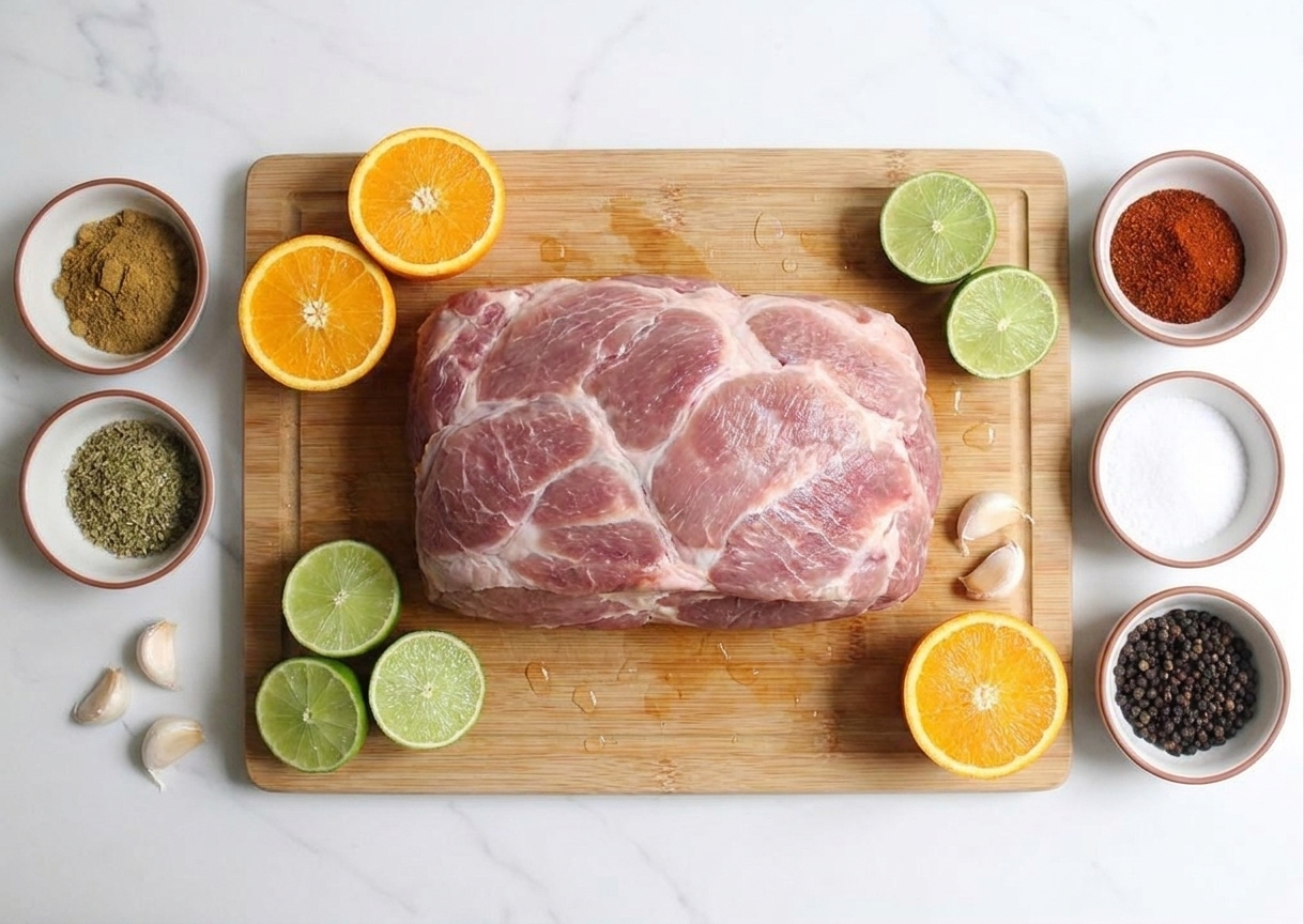 Raw pork shoulder on a cutting board surrounded by halved oranges, limes, garlic cloves, and small bowls of spices on a bright kitchen counter
