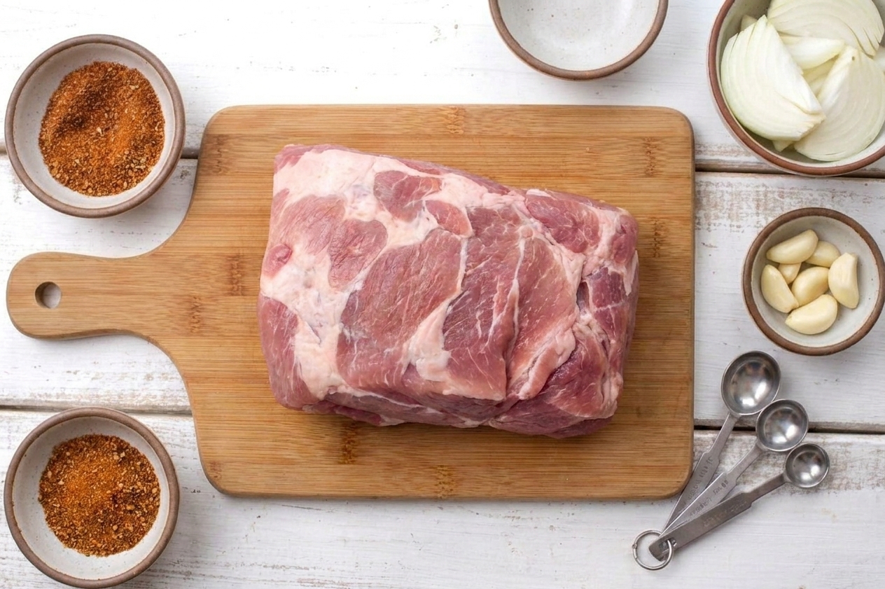 Raw pork shoulder on a cutting board surrounded by small bowls of spices, sliced onion, garlic, and measuring spoons on a bright kitchen counter