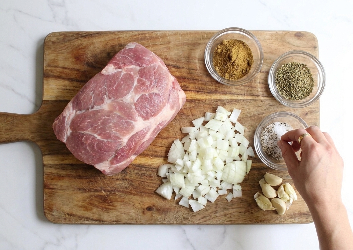 Raw pork shoulder on a cutting board with sliced onion, smashed garlic, and small bowls of spices arranged on a bright kitchen counter