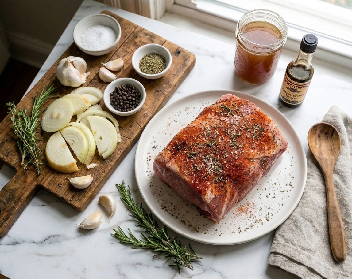 Raw pork shoulder roast and pantry ingredients like salt, pepper, garlic, onion, broth, Worcestershire sauce, and fresh herbs laid out for cooking