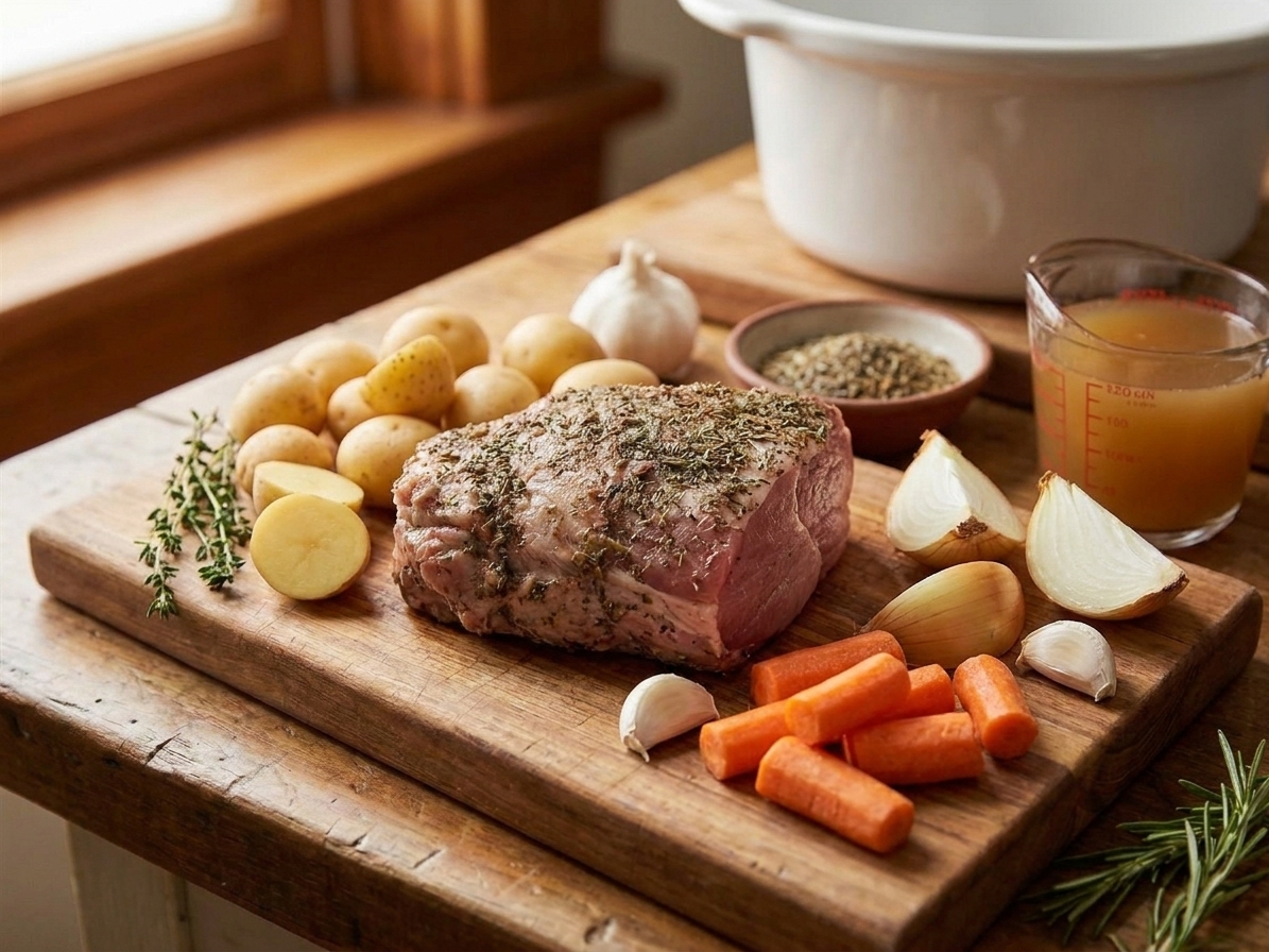 Raw pork shoulder roast, baby potatoes, carrots, onion, garlic, broth, and dried herbs arranged on a wooden cutting board on a bright kitchen counter