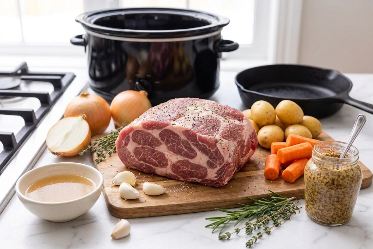 Raw pork shoulder roast surrounded by onions, garlic, broth, mustard, herbs, potatoes, and carrots laid out on a warm kitchen counter