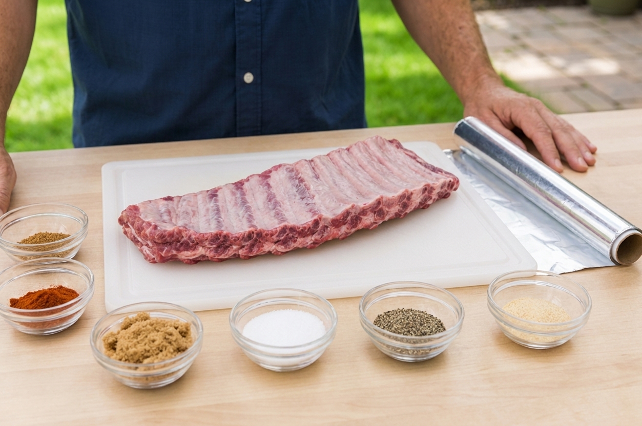 Raw pork spare ribs on a cutting board with small bowls of spices and a roll of foil nearby