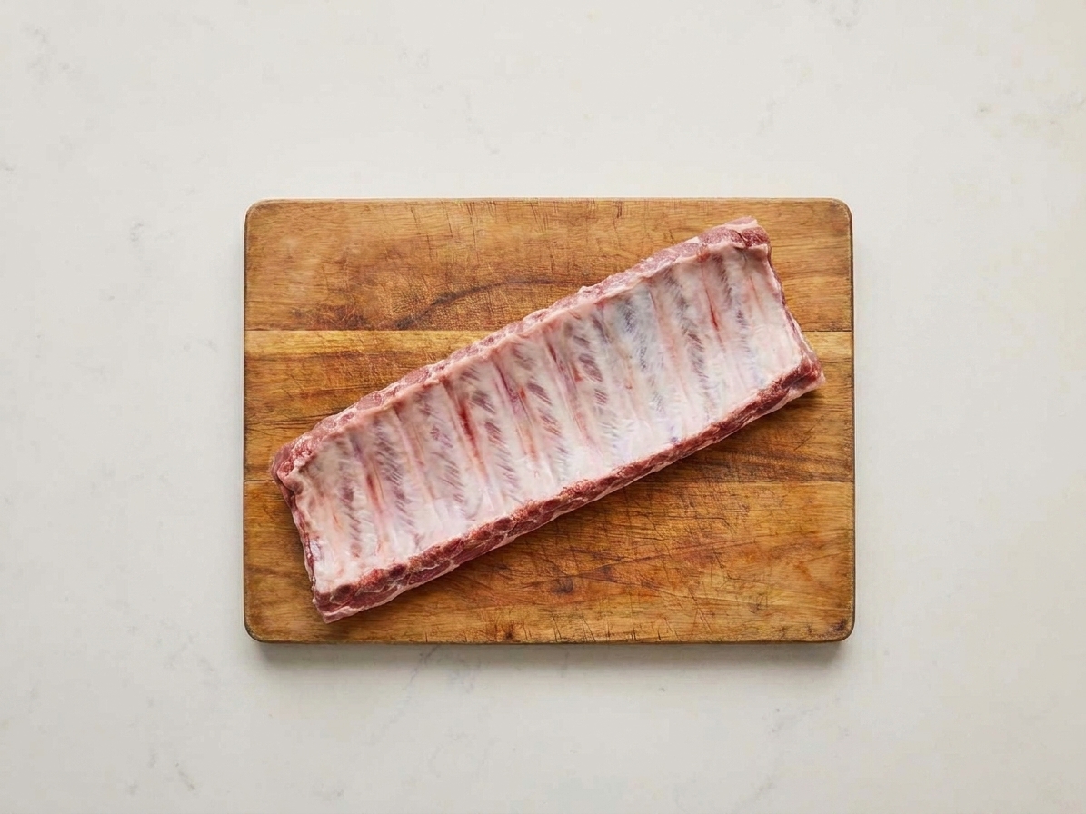 Raw pork spare ribs on a wooden cutting board with the bone side facing up, ready to be seasoned