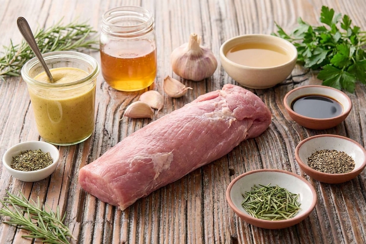 Raw pork tenderloin, Dijon mustard, honey, garlic, broth, soy sauce, and spices arranged on a bright kitchen counter