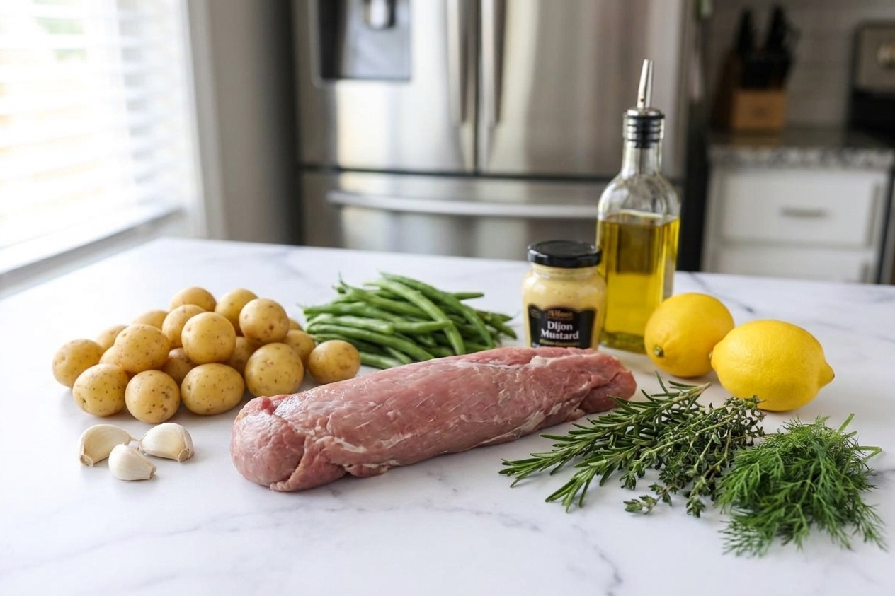 Raw pork tenderloin, baby potatoes, green beans, garlic, lemons, Dijon mustard, olive oil, and fresh herbs arranged on a light kitchen counter
