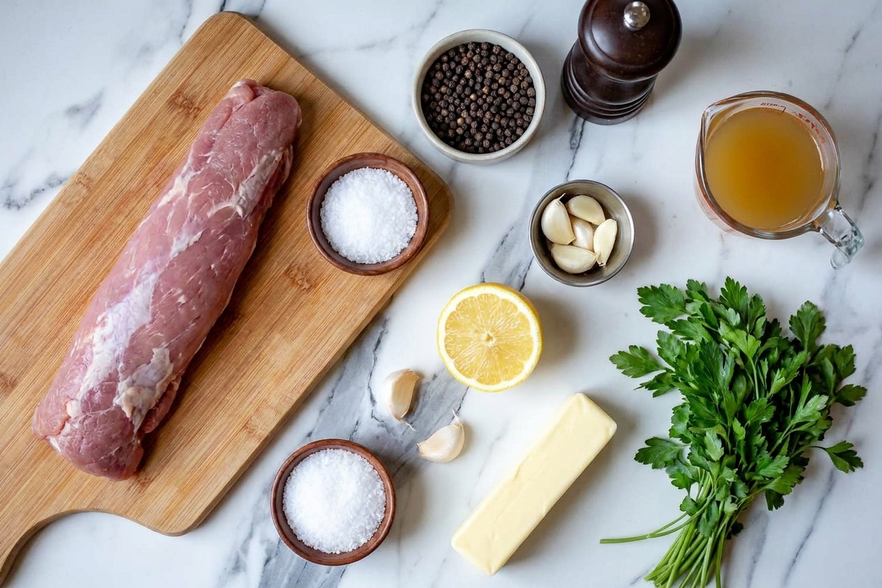 Raw pork tenderloin, kosher salt, black pepper, garlic, lemon, butter, chicken broth, and fresh parsley arranged on a light kitchen counter